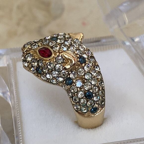 Gold Over Sterling Silver Panther & Crystals Statement Ring Vintage - Picture 7 of 11